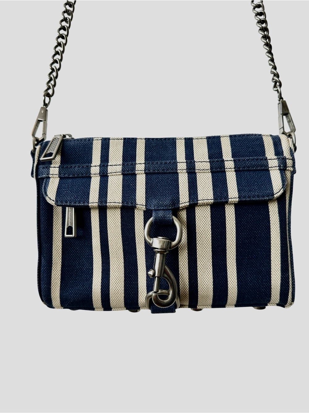 REBECCA MINKOFF Mini Mac Navy Blue & White Stripe Canvas Crossbody Bag